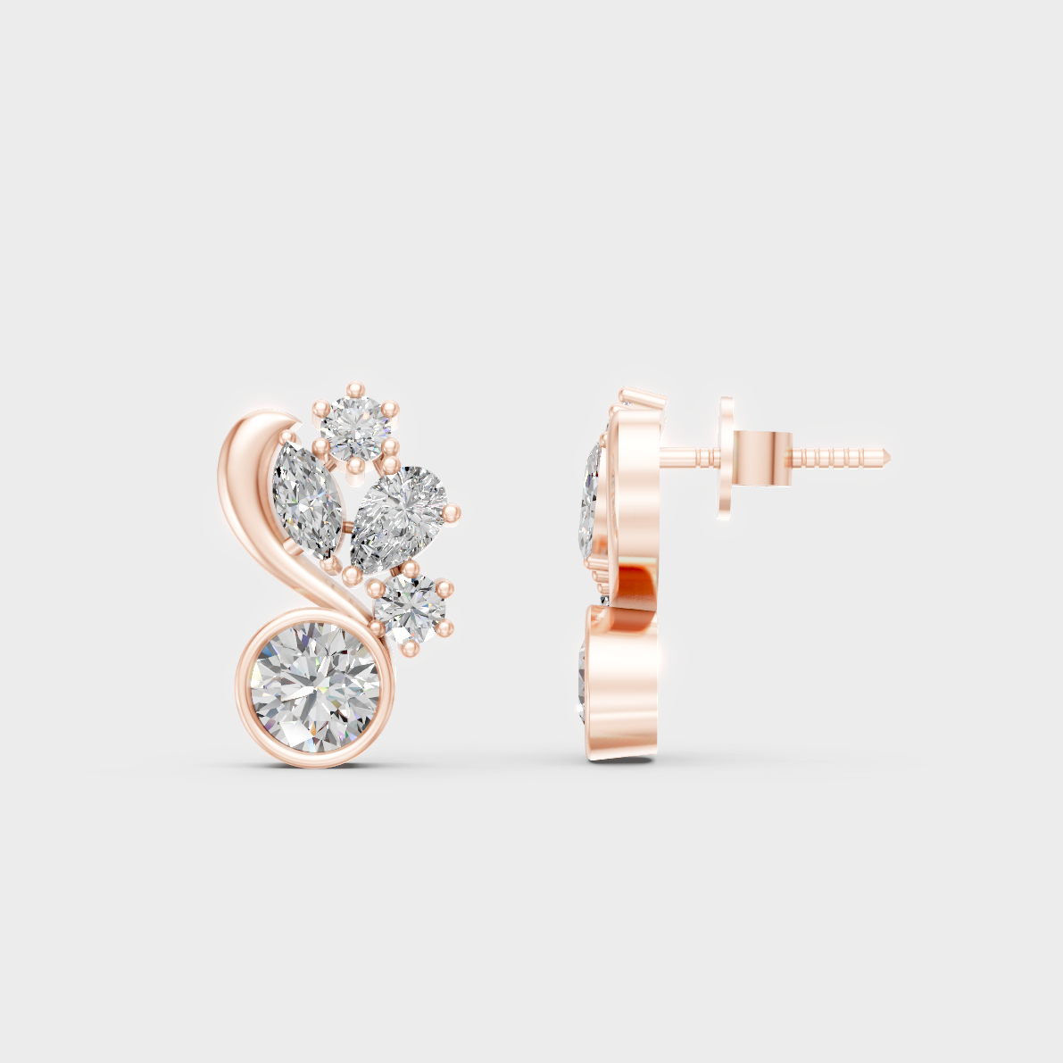 Romantic profile of 1.4 Carat Multi-Shape Round, Pear, and Marquise Cut Lab-Grown Diamond Stud Earrings in blush 14K Rose Gold.